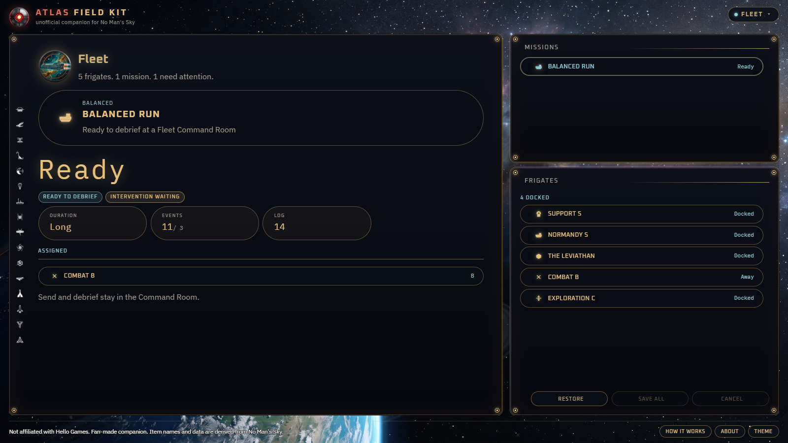 Atlas Field Kit fleet screen, with a frigate expedition and the frigates on the save