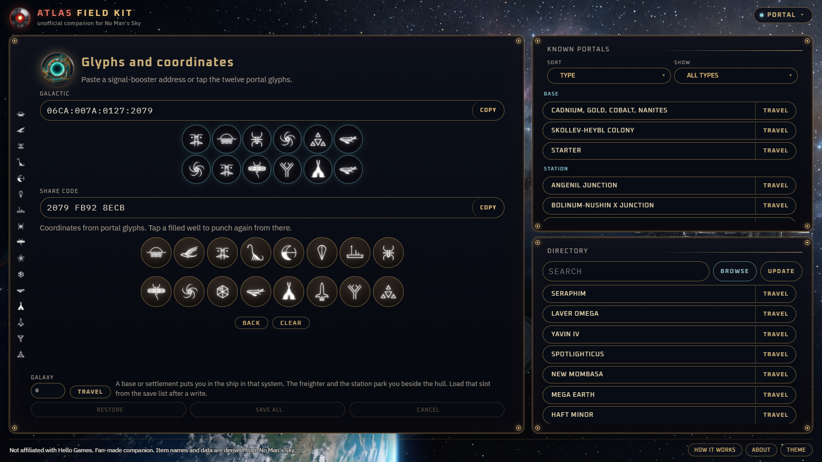 Atlas Field Kit portal screen, with a glyph address on the pad and known destinations beside it